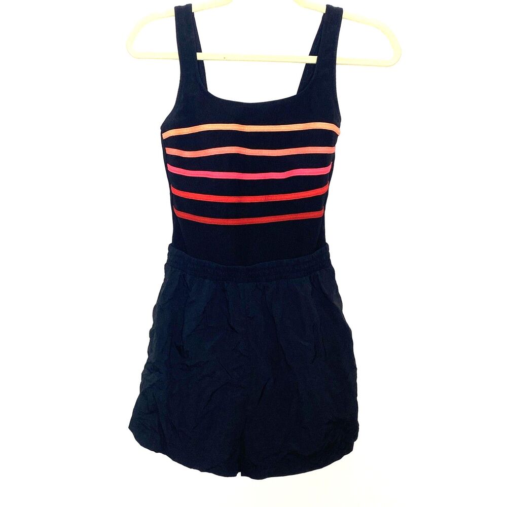 VTG LL Bean Black Stripe One Piece Swimsuit Modest Sporty Attached Shorts USA 8